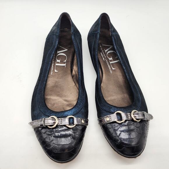 AGL Monika Cap Toe Ballet Flats Navy Blue Leather Shimmer EU 38.5 US 8.5 - Picture 2 of 8